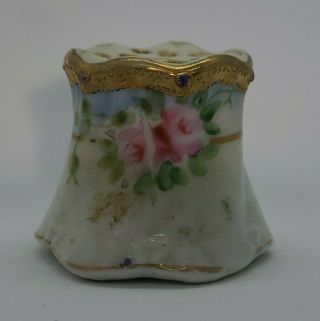 Antique Hand Painted Nippon Porcelain Hat Stickpin Holder - Rose Design Gold -