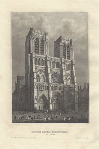 Notre Dame Cathedral,  Paris,  France Antique Art Print 1846 Steel Engraving