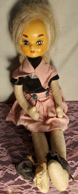 Antique Vintage Creepy Poland Cloth Doll Painted Face 17 "