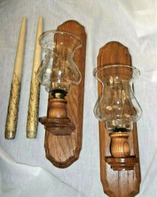 Vintage Pair Oak Wood Wall Sconce Candle Holder W/ Globes 2 Set Farmhouse Style