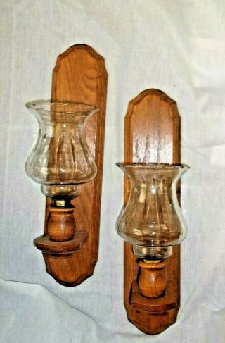 Vintage Pair Oak Wood Wall Sconce Candle Holder W/ Globes 2 Set Farmhouse Style 2