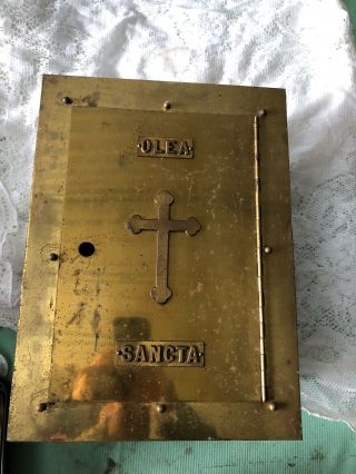 Antique French Holy Water Bronze Stand Olea Cabinet Religious Rare Sancta