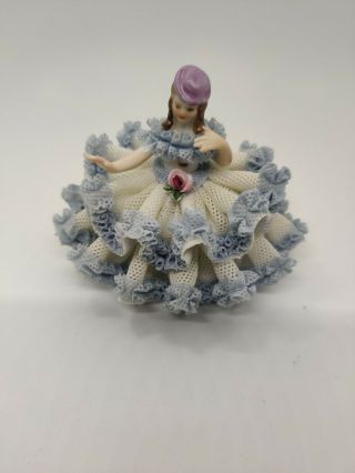 Dresden Lace Porcelain Figurine From Germany Young Lady In Chair