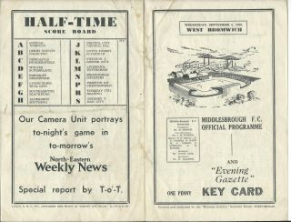 Very Rare Middlesbrough V West Brom 6/9/50 1950/51 4 Page Midweek 
