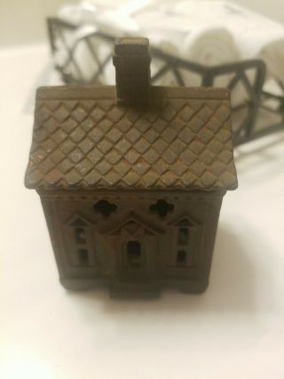 Antique 2 - Piece Cast Iron Building / House With Chimney Still Coin Bank