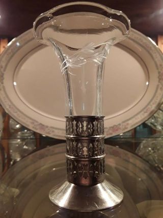 Vintage Sterling Silver And Glass Etched Frosted Flower Stem Leaves Bud Vase