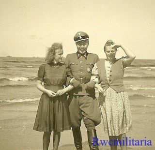 Rare Jovial German Elite Waffen Obersturmführer Posed W/ Girls On Beach