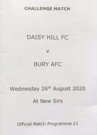 Daisy Hill V Bury Afc Ultra Rare Programme From Bury Afc 1st Ever Fixture 26 Aug