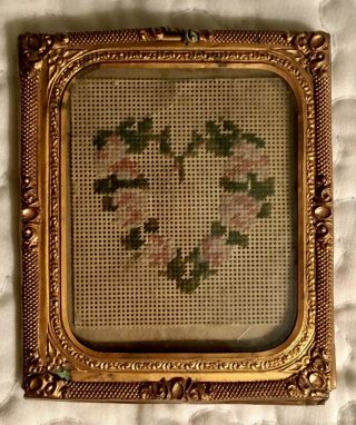 Sweet Little Antique Punched Paper Heart In Gold Frame 3 1/2” By 3” 2