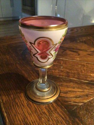 Antique Bohemian Hand Painted Cut Art Glass Cordial White Overlay Cranberry