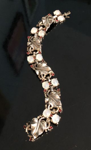 Rare 1945 Trifari Crown Alfred Philippe Sterling Silver Ruby Moonstone Bracelet