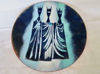 Mcm Christmas Blue Enamel On Copper Art Plate Figural Stylized 3 Wise Men 10 " Dia