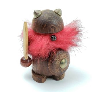 Vtg Mcm Danish Teak Wood Rabbit Fur Viking Warrior Figure Mid Century Art Toy