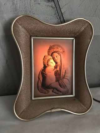 Vintage Antique Religous Mother Mary & Baby Jesus Light Up Framed Picture Rare