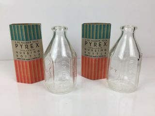 2 Vintage Antique Pyrex 4 Oz Narrow Neck Nursing Baby Bottles With Sleeves