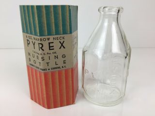 2 Vintage Antique Pyrex 4 oz Narrow Neck Nursing Baby Bottles with Sleeves 2