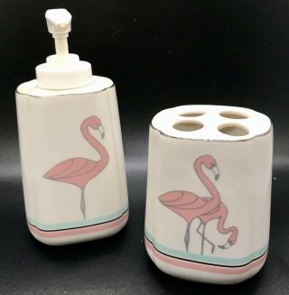 Vintage Retro Flamingo Soap Dispenser & Toothbrush Holder - Art Deco Florida