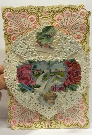 Antique Victorian Valentine Card Die Cut Lace Fold - Out Pop - Up Roses & Dove