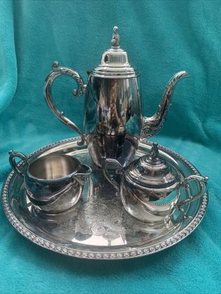 Vintage Wm.  A.  Rogers Silverplate Coffee/tea Set 4 - Pot,  Sugar W/lid,  Cream,  Tray