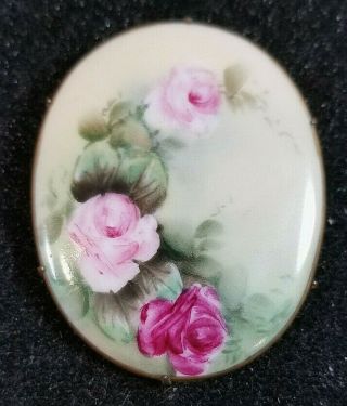 Antique Victorian Hand Painted Porcelain Oval Brooch Pin Red And Pink Roses