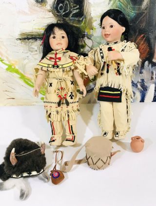 Vintage Native American Buffalo Child & Boy 1993 Porcelain Collectible Dolls