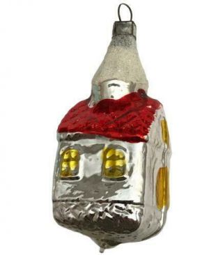 Antique Hand Blown Glass Christmas Ornament House With Snowy Chimney