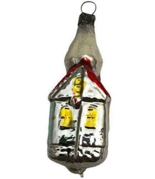 Antique Hand Blown Glass Christmas Ornament House With Snowy Chimney 2