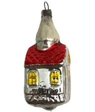 Antique Hand Blown Glass Christmas Ornament House With Snowy Chimney 3