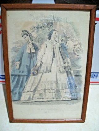 Les Modes Parisiennes May 1865 Print Wood Frame Antique Vintage 6 3/4 " X 9 3/4 "