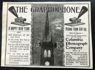 Antique 1898 Graphophone Columbia Phonograph Co.  Vtg Art Print Ad Happy Year