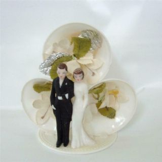 Vintage Bride Groom Wedding Cake Topper White Hard Plastic Bells 50 