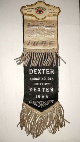 Antique Odd Fellow Ioof Dexter Iowa Ribbon Double Sided No 215 W/pin
