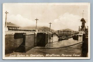Panama Canal Miraflores Lock Gates In Operation Antique Real Photo Postcard Rppc