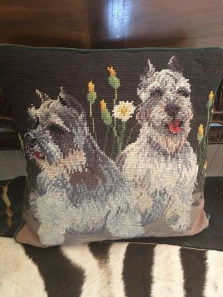 Vintage Needlepointed Pillow 13x13” Set Of 1 With Zipper Cover Dog Terrier