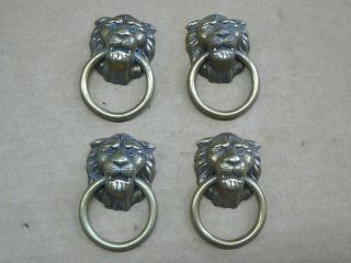 Set Of 4 Vintage Amerock Brass Tone Lion Head Single Post Ring Pulls 1 - 3/8 " Euc