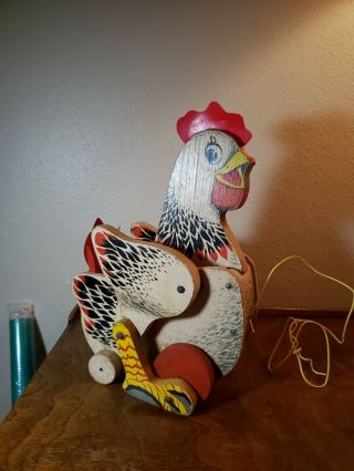 Vintage Fisher Price 120 The Cackling Hen Antique Wooden Pull Toy Made In Usa
