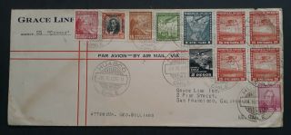 Very Rare 1939 Chile Grace Line Cover Ties 11 Stamps Cancelled Huasco To Usa