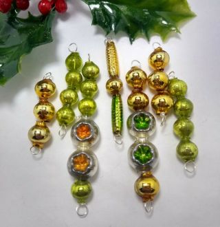 Mercury Glass Bead Icicle 7 Christmas Ornaments Double Indent Chartreuse Green