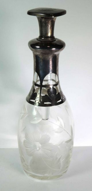 Antique Art Nouveau Sterling Silver Overlay Floral Etched Glass Perfume Bottle