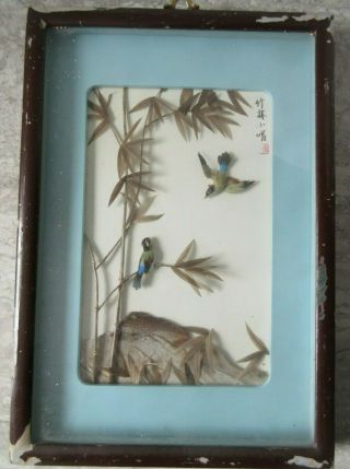 Old Vintage Japanese 3d Feather Art Birds Diorama Picture Signed Framed