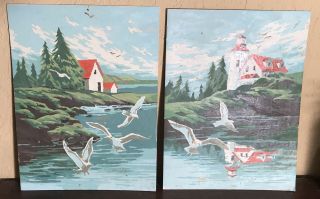 Pair Vintage Paint By Numbers Landscape Water Seagull Home Decor Art 9 " X 12 "