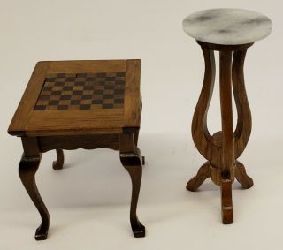 Victorian Dollhouse Miniature Wooden Chessboard Table & Tall Marble Top Table
