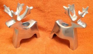 Vtg Polished 5 " Aluminum Xmas Reindeer Candlesticks Pair Mid Century Modern Deer