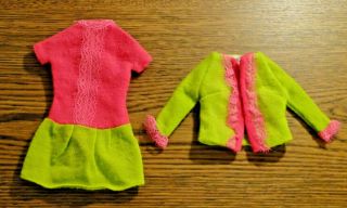 Vintage Barbie " Fancy Dancy " Green Knit Jacket W/ Matching Mini - Dress,  1968