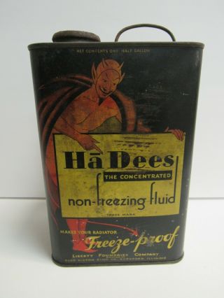 Rare Antique Hadees Anti - Freeze 1/2 Gallon Can Devil Graphics Gas & Oil Aw148