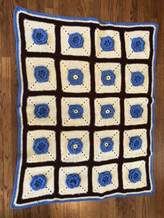 Handmade Crochet Knit Afghan Blue Brown Yellow Rose Flower Throw Blanket