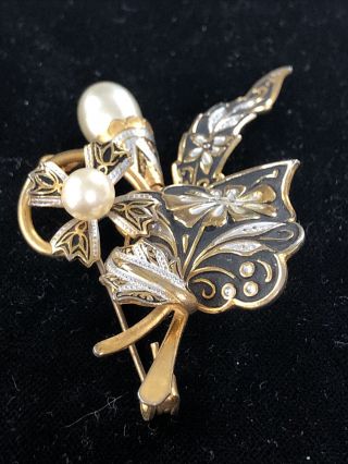 Vintage Antique Gold Tone Black & White Enamel Faux Pearl Floral Pin Brooch