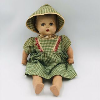 Vintage Abc Toys Composition Doll W/ Bonnet Green Outfit - - 14 " Long