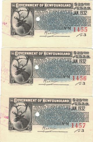 Very Rare - 3 X Govt.  Of Newfoundland Consecutive Bond Coupons - Unlisted