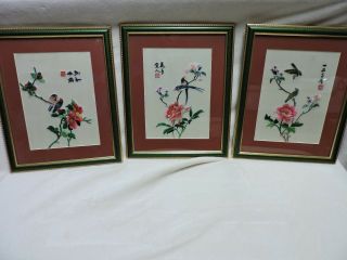 Set Of 3 Signed Vintage Chinese Asian Silk Embroidery Bird Art Framed
